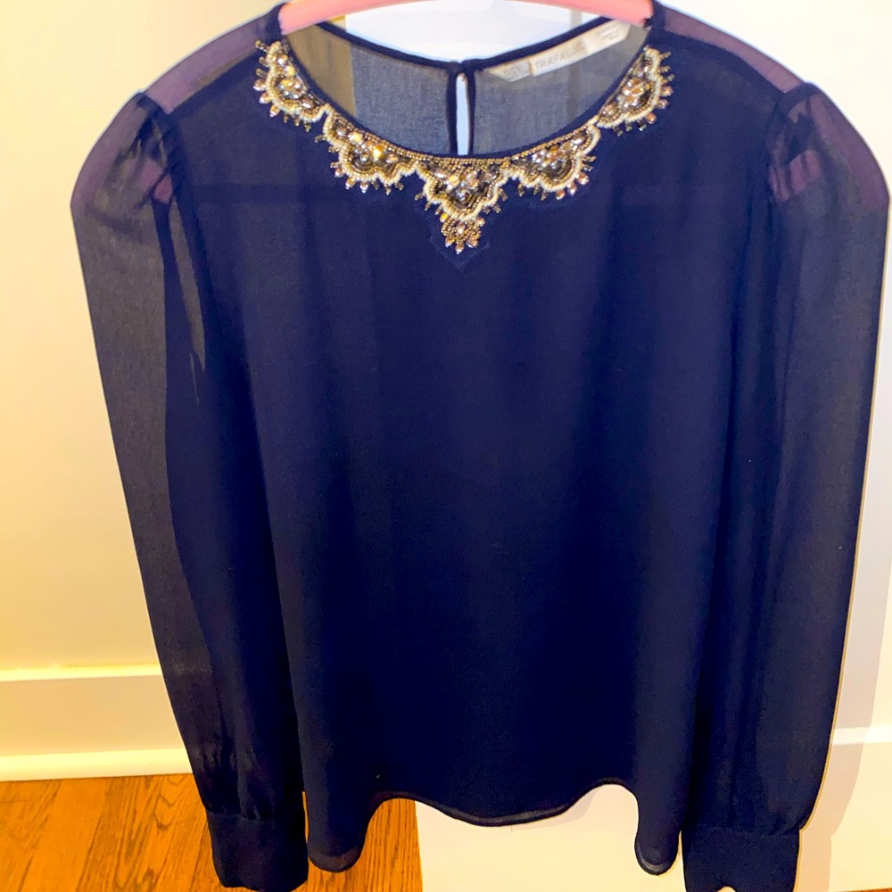 Zara sequin beaded navy cape blouse